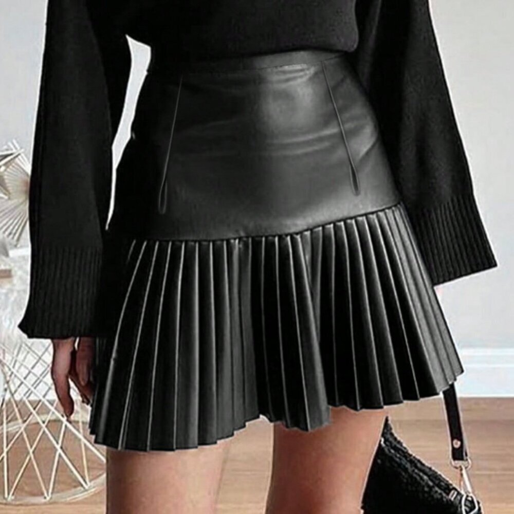 Black Casual Women's Minimalist faux leather Pleated Skirt
